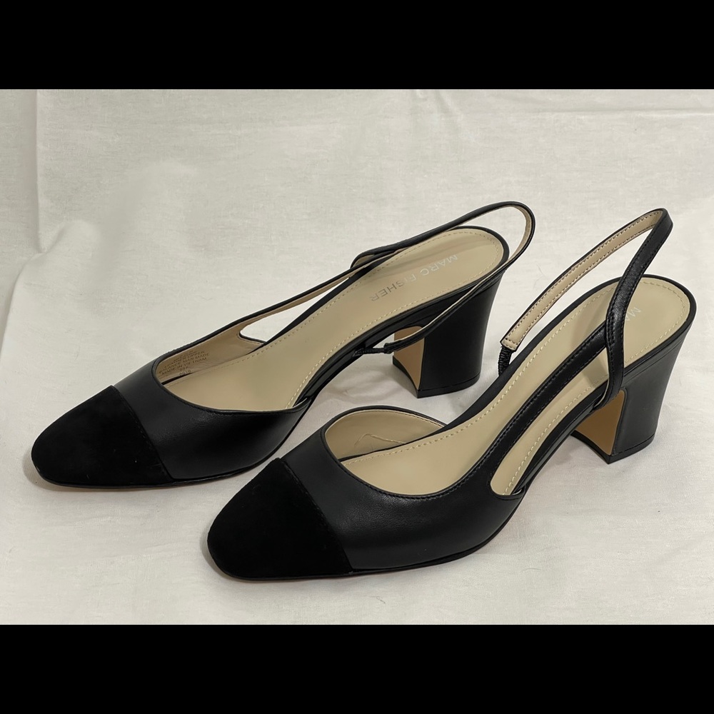 Marc Fisher Black Leather Slingback block heels
